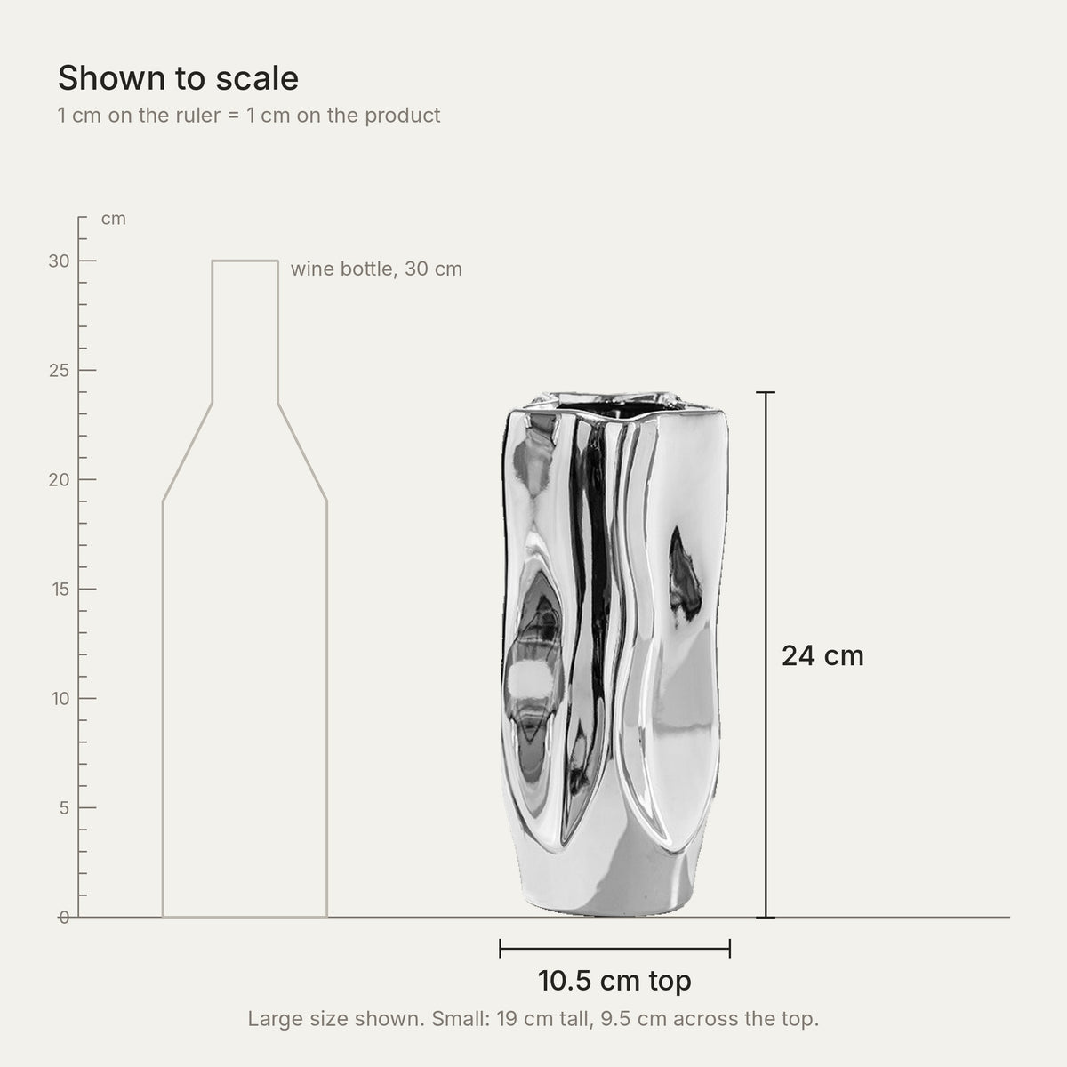 Size guide: large silver vase shown to scale, 24 cm tall; small is 19 cm