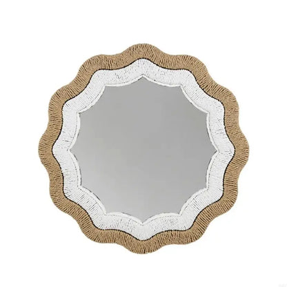 Woven Paper Rope Wall Mirror, Two-Tone Tan and White Frame, Arch, Cloud, Wavy Rectangle or Round, 36–40 cm (14.2–15.7 in