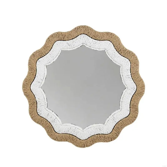 Woven Paper Rope Wall Mirror, Two-Tone Tan and White Frame, Arch, Cloud, Wavy Rectangle or Round, 36–40 cm (14.2–15.7 in
