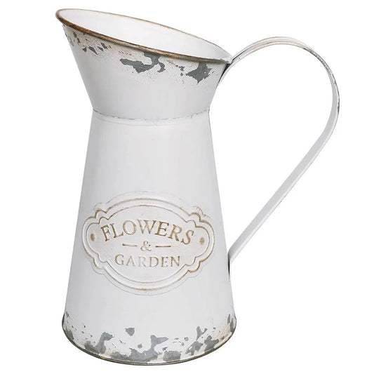 Metal Pitcher Vase, Farmhouse Style, White Paint with Worn-Look Edges, Looped Handle, 20 cm (7.9 in) Tall