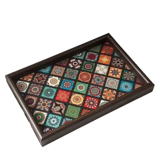 Wooden Tray with Bohemian Tile-Pattern Base, Raised Dark Frame, Rectangular, 30 x 20 cm (11.8 x 7.9 in)