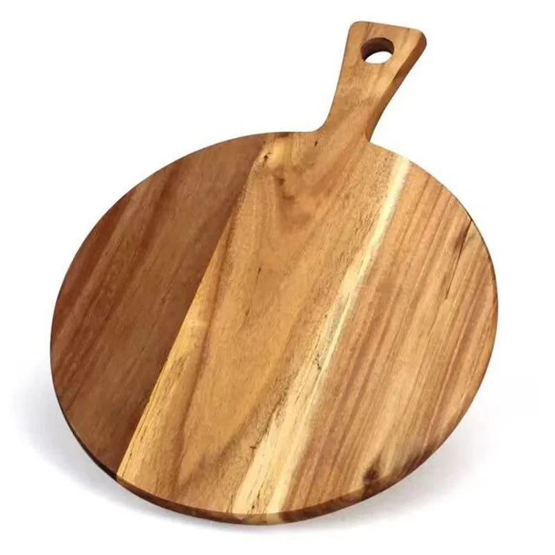 Round Acacia Wood Pizza Serving Board with Handle and Hanging Hole, 40 x 30 x 1.5 cm (15.7 x 11.8 x 0.6 in)