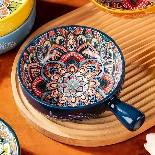 Ceramic Bowl with Stub Handle, Underglaze Patterned Interior, Green, Orange, Blue or Red, 14.7 cm (5.8 in)