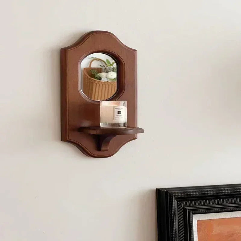 Rubber Wood Mirror Wall Shelf, Arched Vintage-Style Panel with Oval Inset, Brown, 33 cm (13 in) High