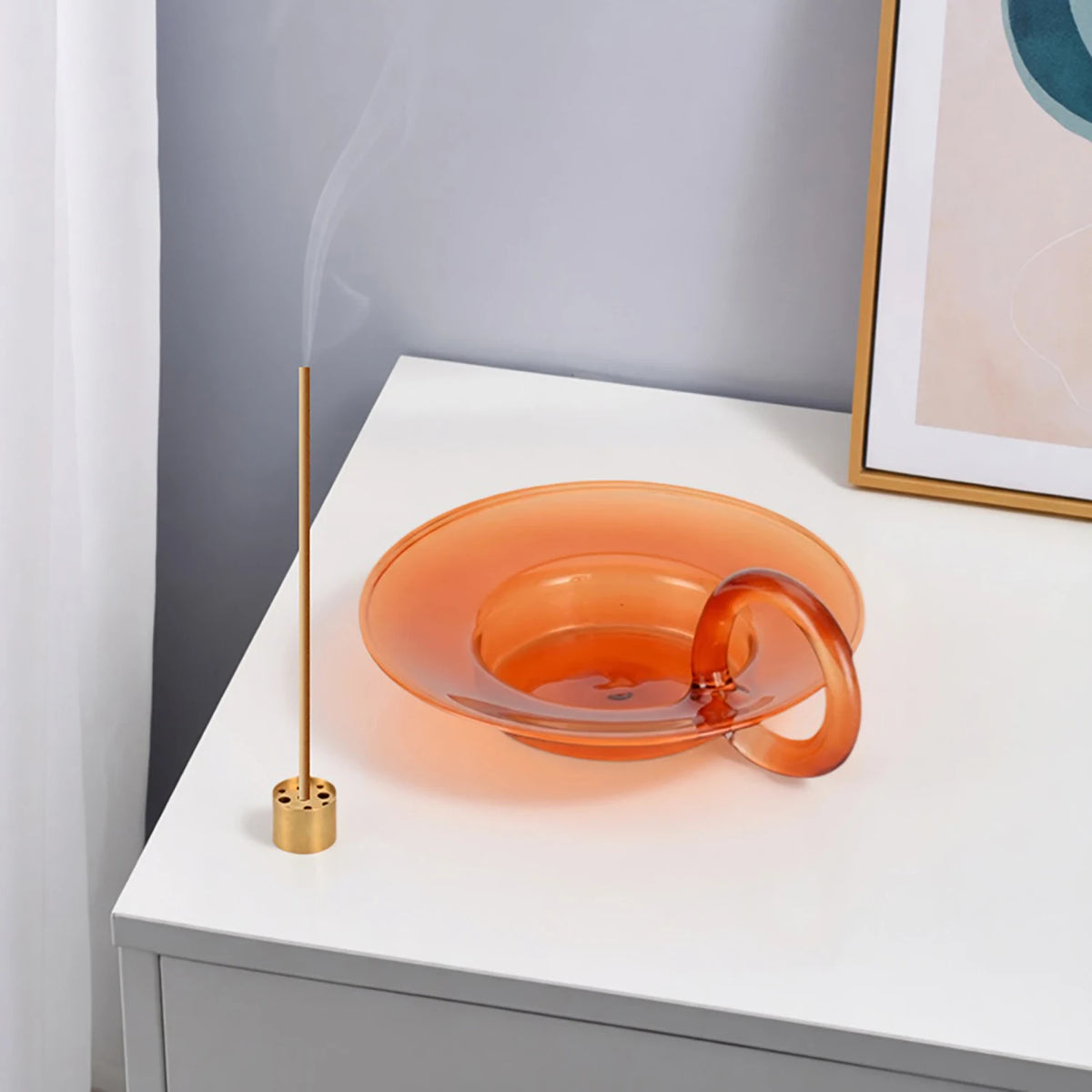 Orange Glass Incense Holder With Loop Handle, Brass-Tone 9-Hole Stick Insert, 16 cm (6.3 in) Long