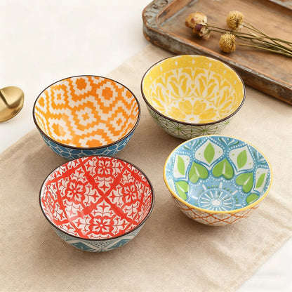 Ceramic Bowl Set of 4, Bohemian Patterns Inside and Out, Orange, Yellow, Red and Blue, 12.2 cm (4.8 in)