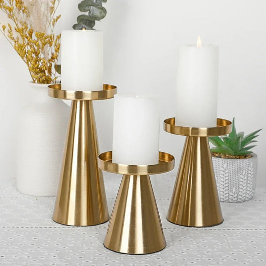 Iron Pillar Candle Holders, Set of 3, Cone Bases, Gold-Tone, 10 cm (3.9 in), 12 cm (4.7 in) and 16 cm (6.3 in) High