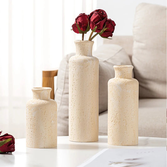 Pottery Bottle Vase, Pitted Speckled Surface, Narrow Neck, Cream, 3 Heights, 14 to 25.5 cm (5.5 to 10.0 in)