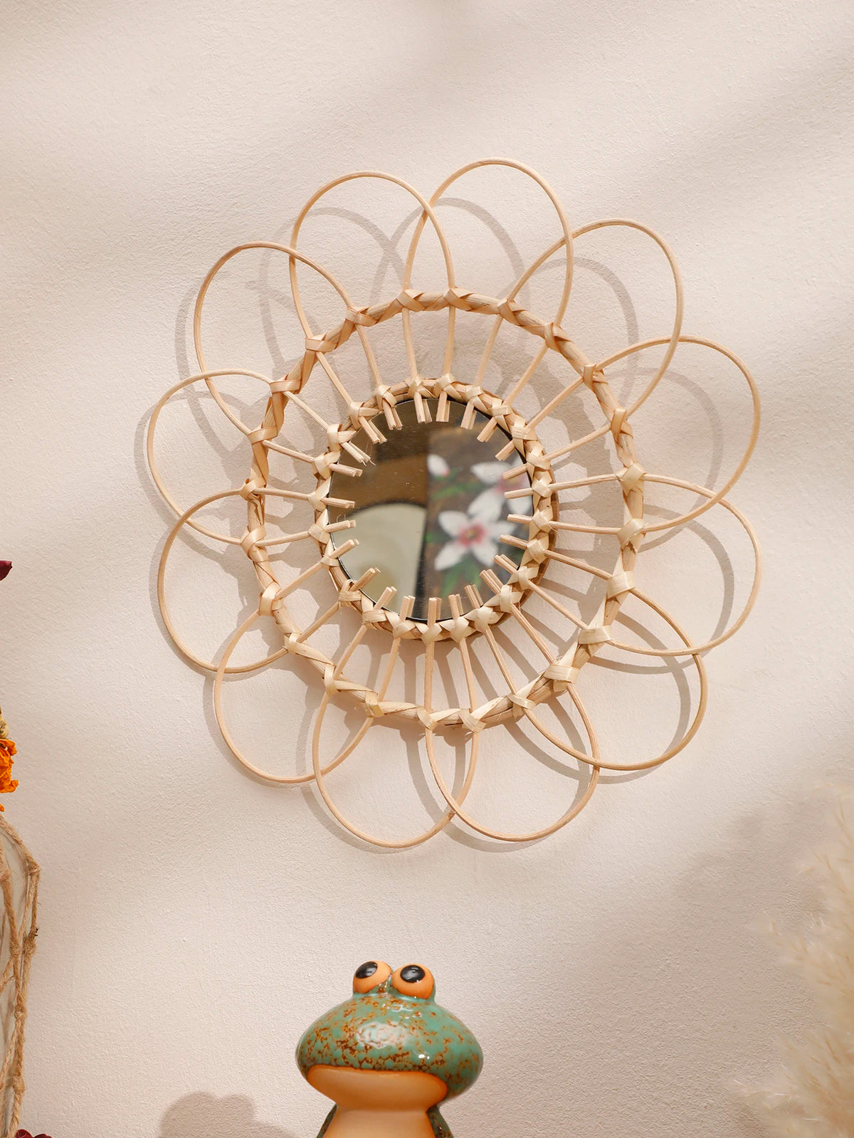 Bamboo Wall Mirror, Round Flower Design with Looped Petals, Natural Finish, 32.5 cm (12.8 in)