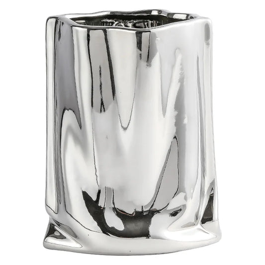 Ceramic Vase in a Crumpled Bag Form, Mirror Silver-Tone Finish, Small, Medium or Large