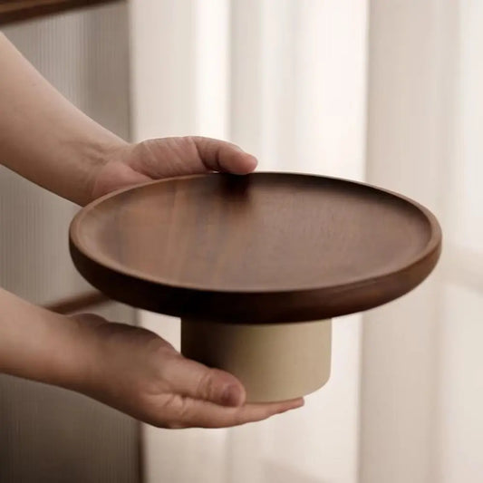 Wood and Clay Pedestal Stand, Low Round Footed Plate, Brown and Cream, 16.5 cm (6.5 in) or 21.5 cm (8.5 in)