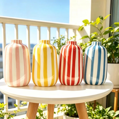 Ceramic Bud Vase, Vertical Candy Stripes, Glossy Glaze, Blue, Red, Yellow or Pink, 14 cm (5.5 in)