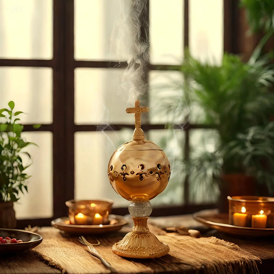 Metal Incense Burner with Lid and Cross Finial, Gold-Tone Globe with Cut-Out Pattern, 20 cm (7.9 in)