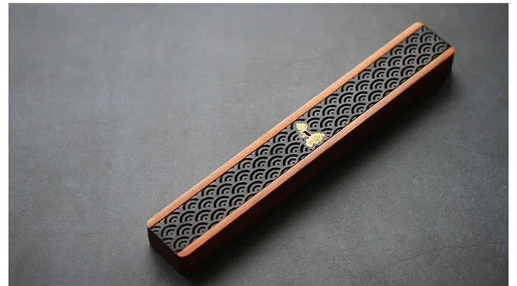 Long Wooden Incense Box with Carved Black Top Panel, Koi or Lotus Pattern, 23.5 cm (9.3 in)