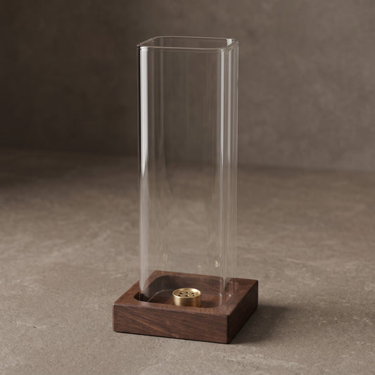 Glass Incense Stick Holder, Tall Clear Sleeve, Square Dark Base, Round Dark Base or Round Light Base, 21 cm (8.3 in)