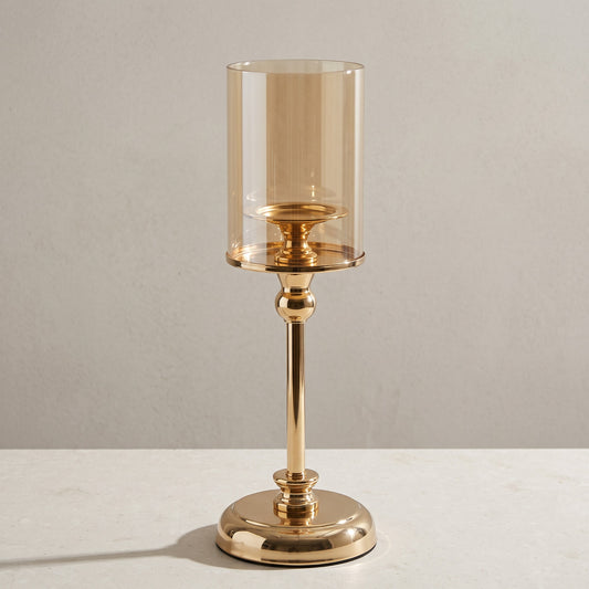 Glass Pillar Candle Holder, Tinted Shade on Gold-Tone Stand, 16.5 cm (6.5 in) or 19.5 cm (7.7 in)