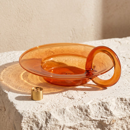 Orange Glass Incense Holder With Loop Handle, Brass-Tone 9-Hole Stick Insert, 16 cm (6.3 in) Long