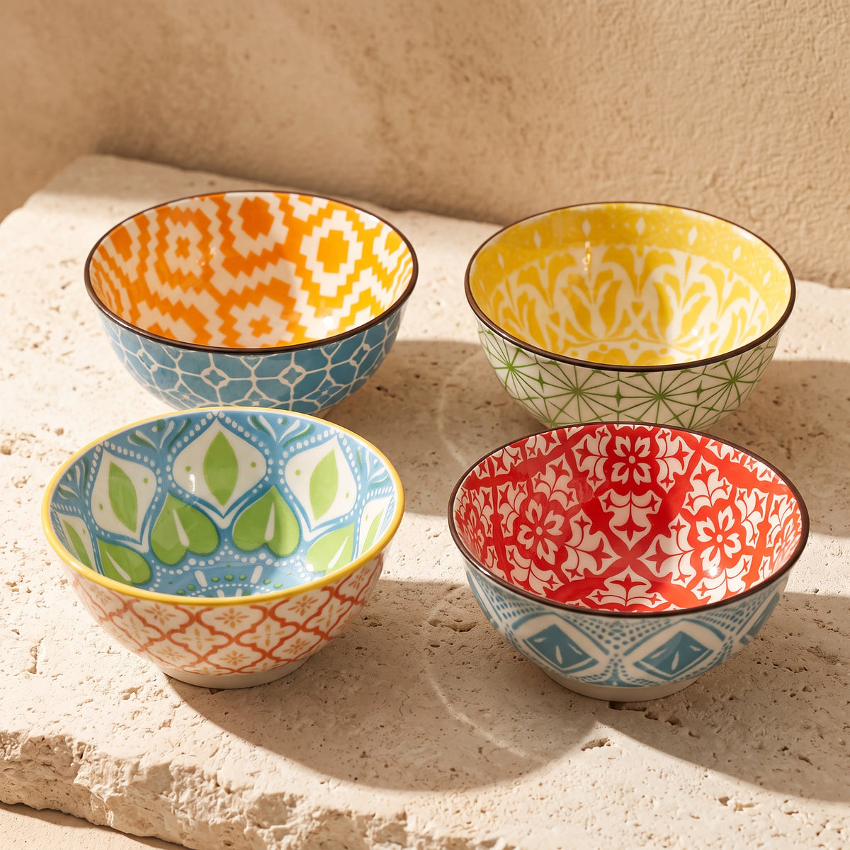 Ceramic Bowl Set of 4, Bohemian Patterns Inside and Out, Orange, Yellow, Red and Blue, 12.2 cm (4.8 in)