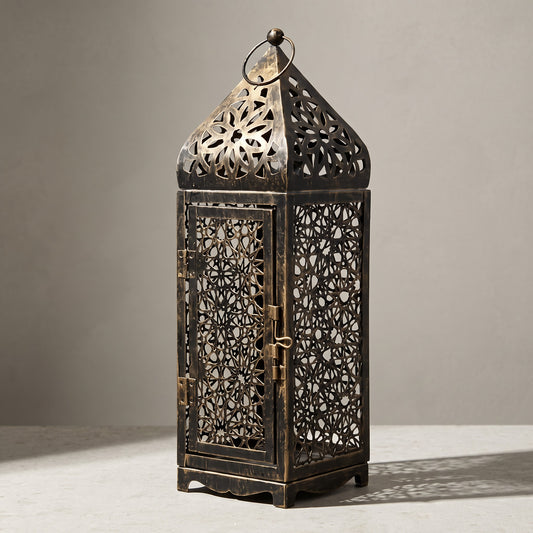 Metal Candle Lantern with Pierced Geometric Pattern and Top Ring, Bronze-Tone, 25 cm (9.8 in) or 30.5 cm (12 in)