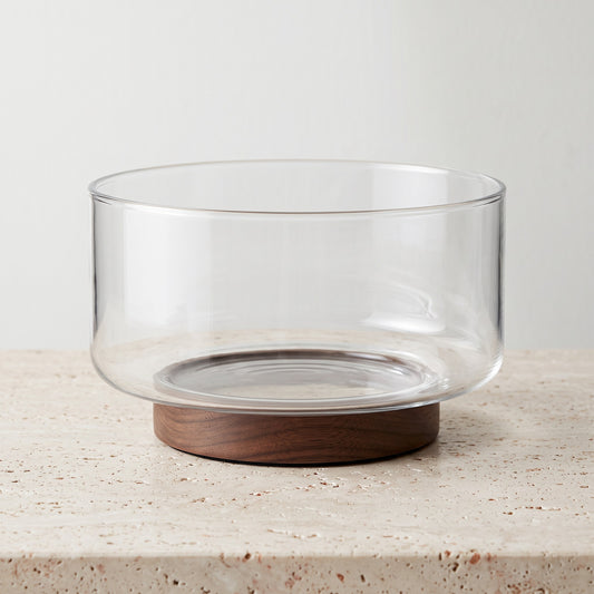 Glass Salad Bowl, Straight Sides, Round Wood Base, Clear, 17.5 cm (6.9 in), 20 cm (7.9 in) or 23 cm (9.1 in)