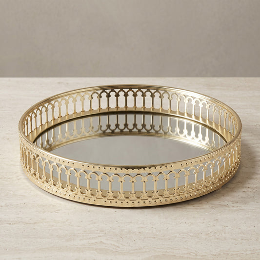 Gold-Tone Iron Mirror Tray, Round with Pierced Gallery Rim, 17 cm (6.7 in) or 25 cm (9.8 in) Diameter
