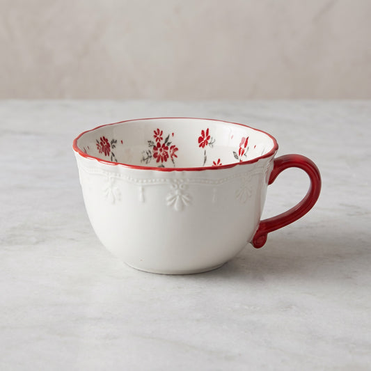 Ceramic Coffee Cup, Embossed Lace Band, Red Floral Pattern and Scalloped Rim, White, 12.5 cm (4.9 in)