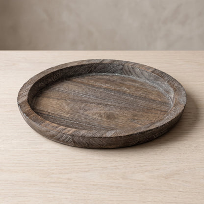 Round Wooden Tray, Raised Rim, Distressed Brown Finish, 29 cm (11.4 in)