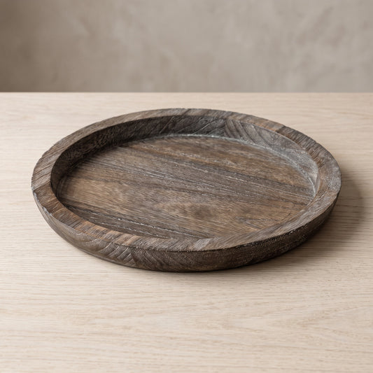 Round Wooden Tray, Raised Rim, Distressed Brown Finish, 29 cm (11.4 in)